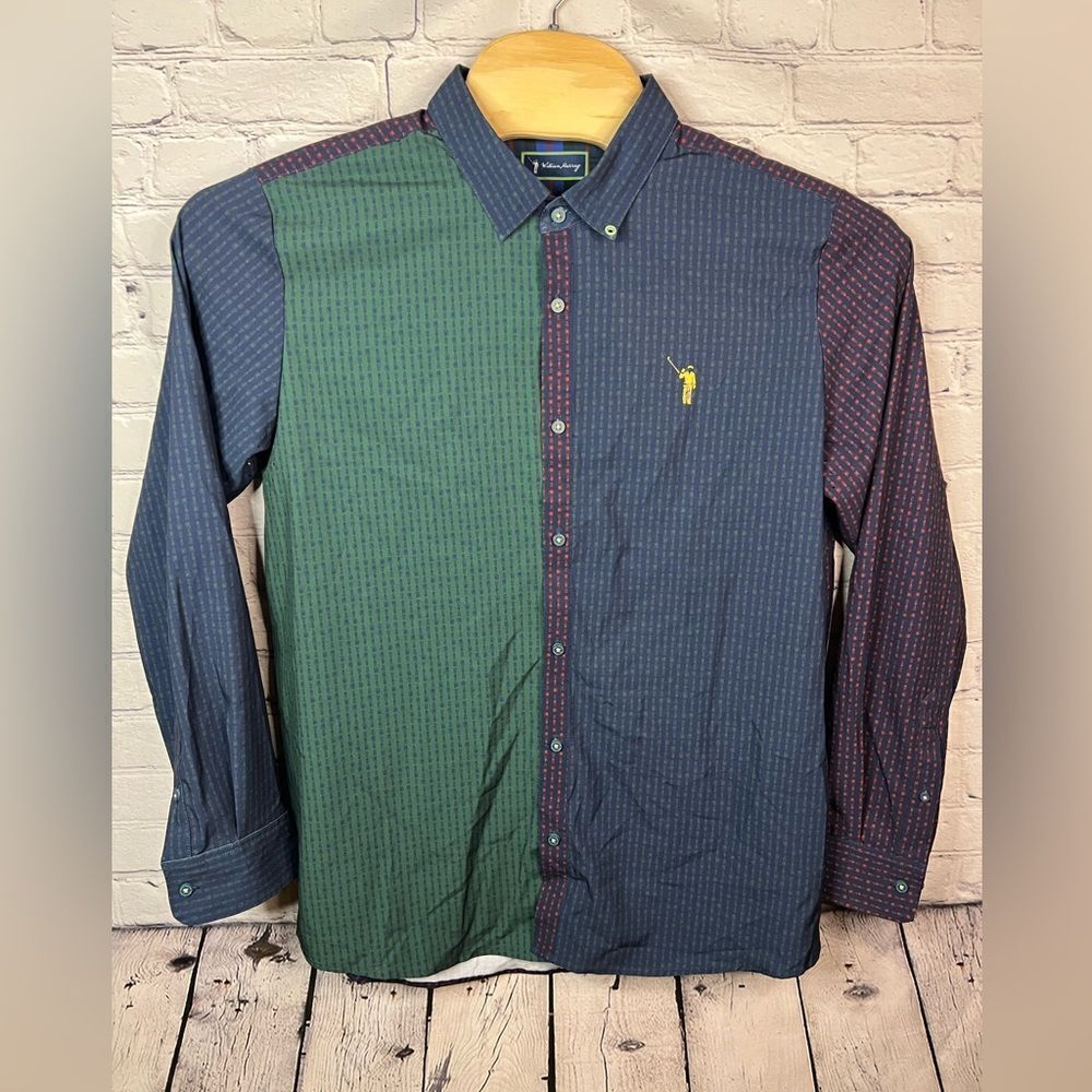 William Murray Golf Beersucker Long Sleeve Pattern Button Down Color Block Large